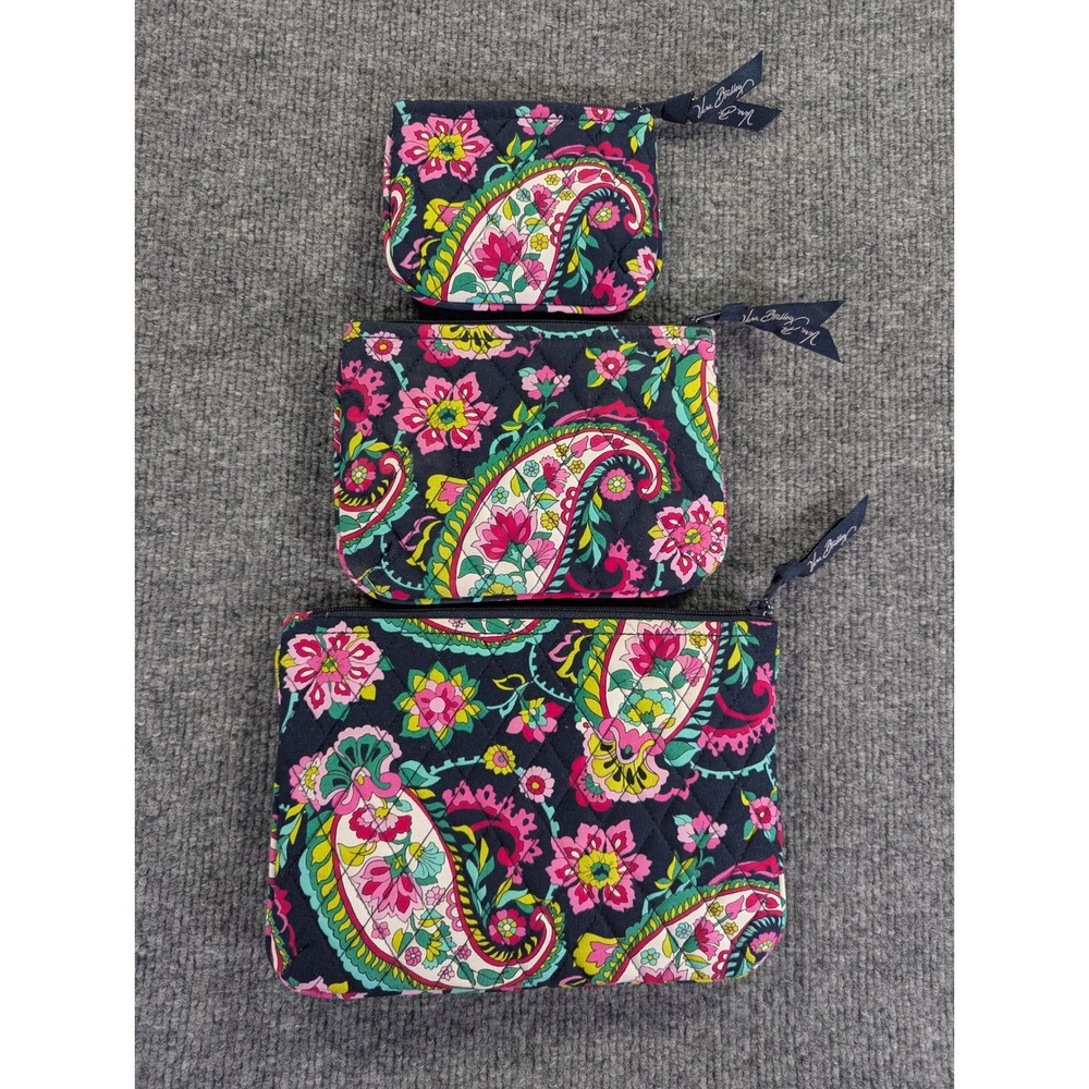 Vera Bradley Retired Nomadic Floral Quilted Cosmetic Pouch Set 3 Piece Navy Pink